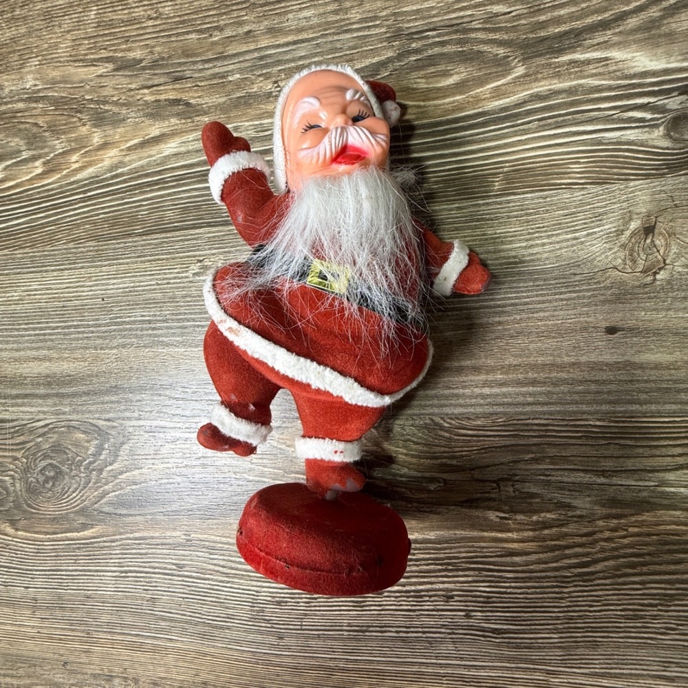 Vintage Flocked Winking Santa Claus Figurine Red Mid Century Christmas Decor 9"